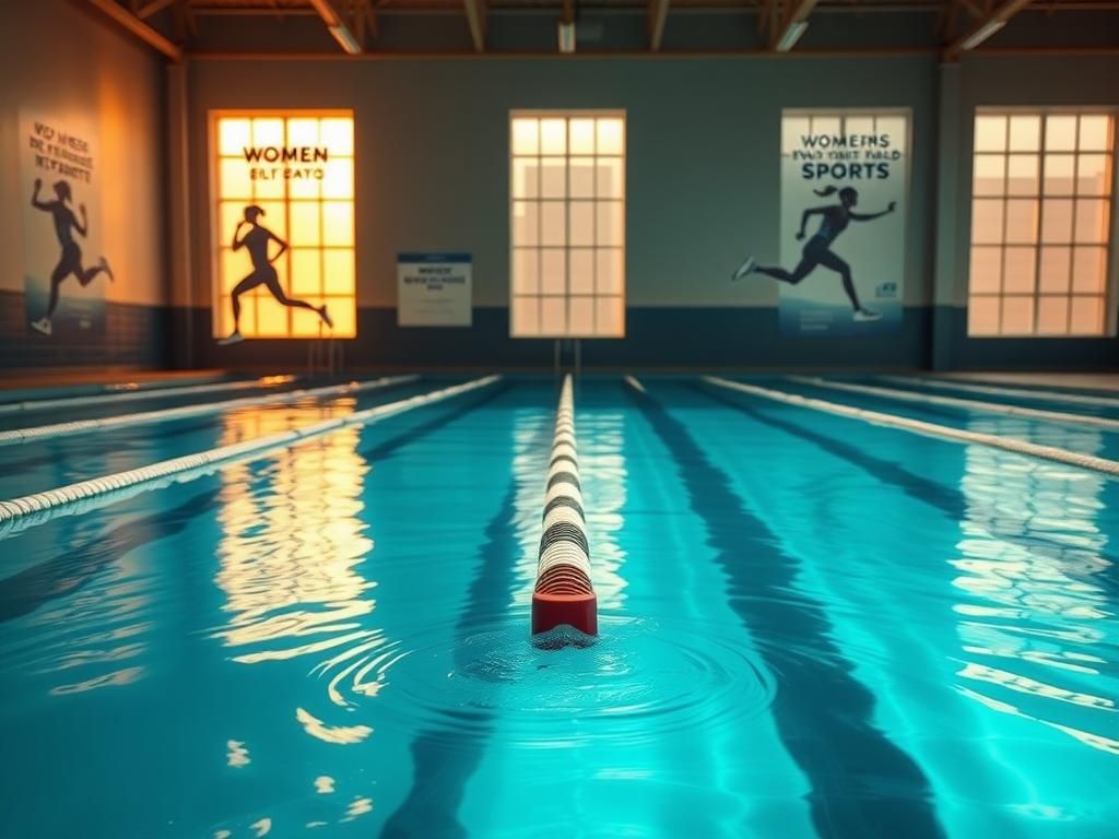 Flick International Aquatic scene of a swimming pool with empty lanes suggesting recent competition