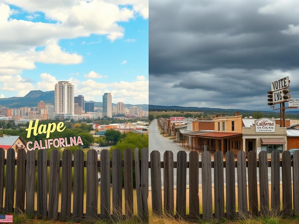 Flick International Split landscape depicting California's vibrant cityscape and South Carolina's rural economic distress