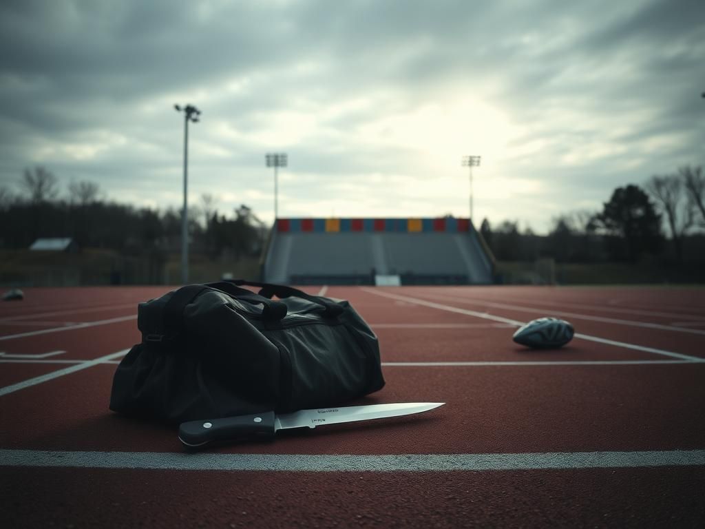 Flick International Empty high school track area with abandoned sports equipment and a knife, symbolizing a tragic event