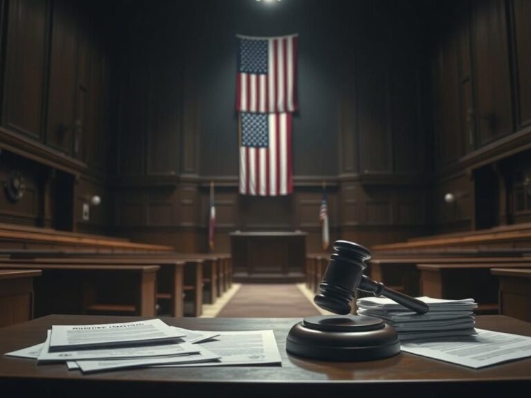 Flick International Dimly lit courthouse interior with an empty courtroom, a judge's gavel, and legal documents, symbolizing legal proceedings