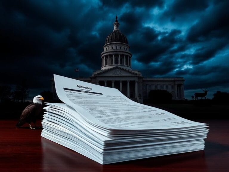 Flick International Dramatic evening view of the Minnesota State Capitol with stormy skies and legal documents foreground