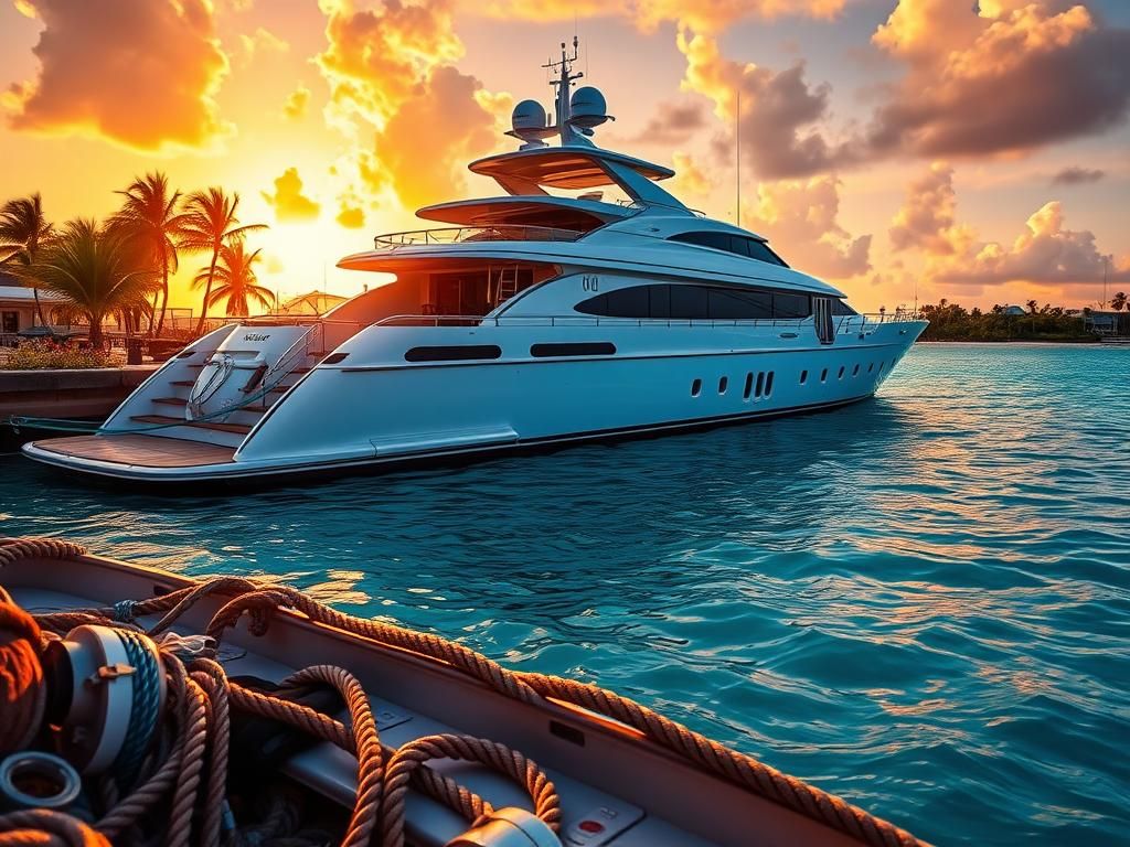 Flick International Luxury superyacht docked in the Bahamas marina at sunset