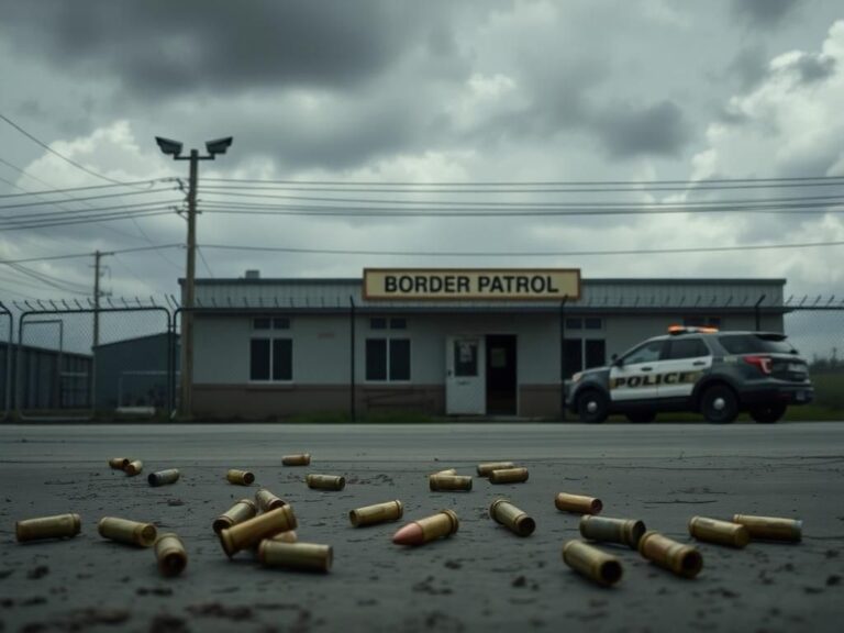 Flick International Exterior view of a Border Patrol station in McAllen, Texas, under a cloudy sky with barbed wire and security cameras.