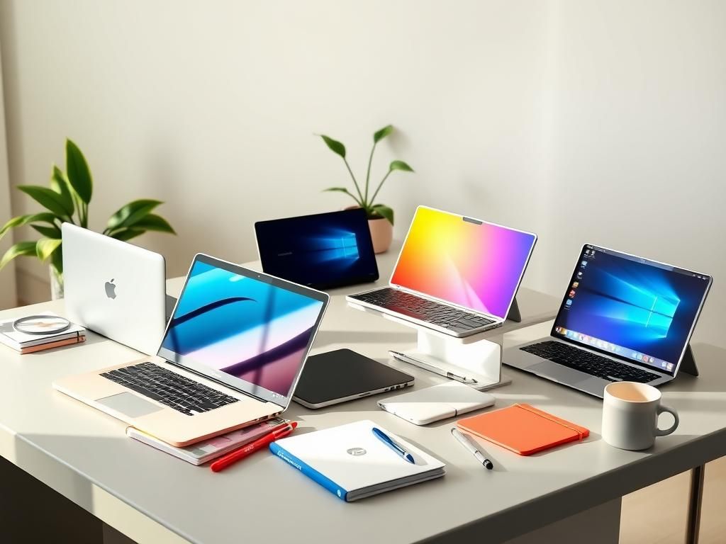 Flick International A vibrant workspace featuring sleek MacBooks, iPads, and Samsung laptops on a stylish desk.