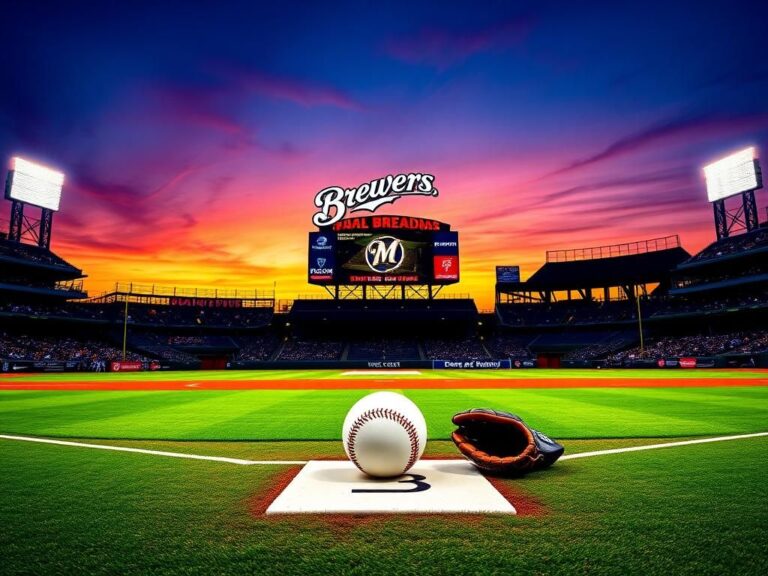 Flick International A vibrant baseball field at twilight with the Brewers logo on the scoreboard and fans cheering in the background.