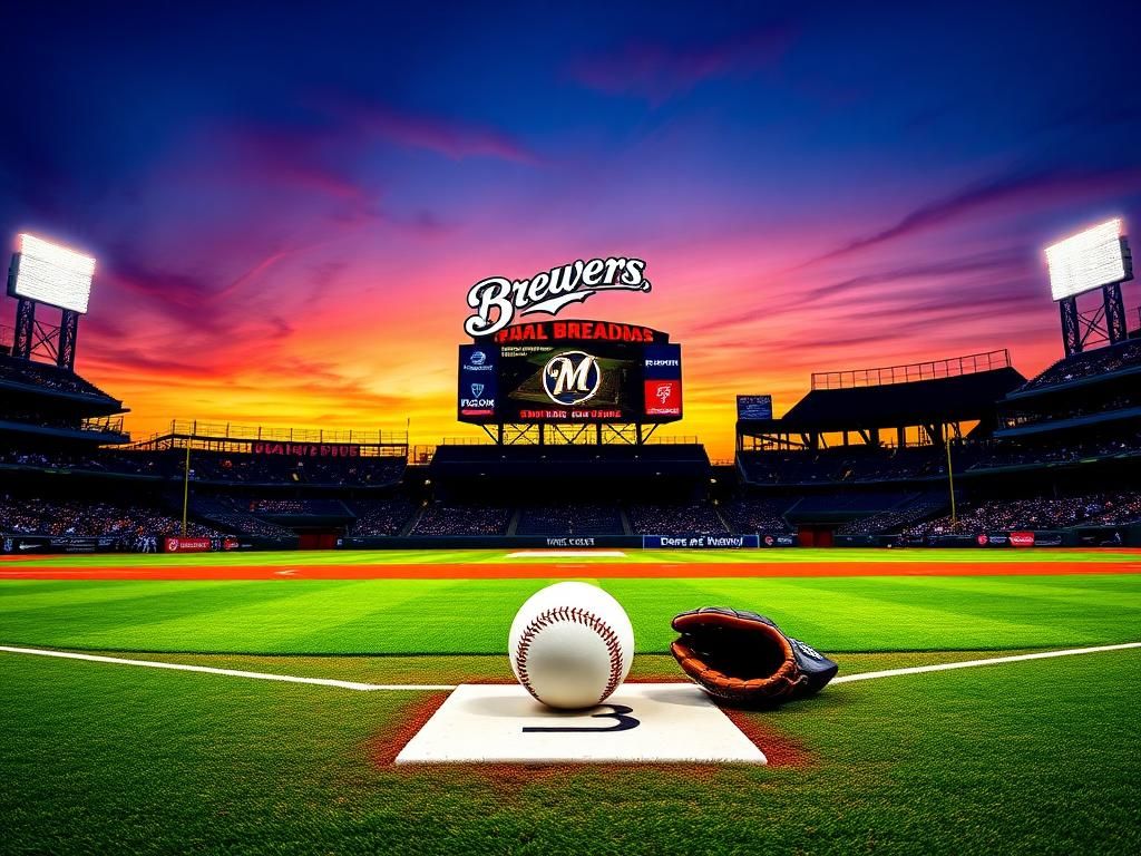 Flick International A vibrant baseball field at twilight with the Brewers logo on the scoreboard and fans cheering in the background.