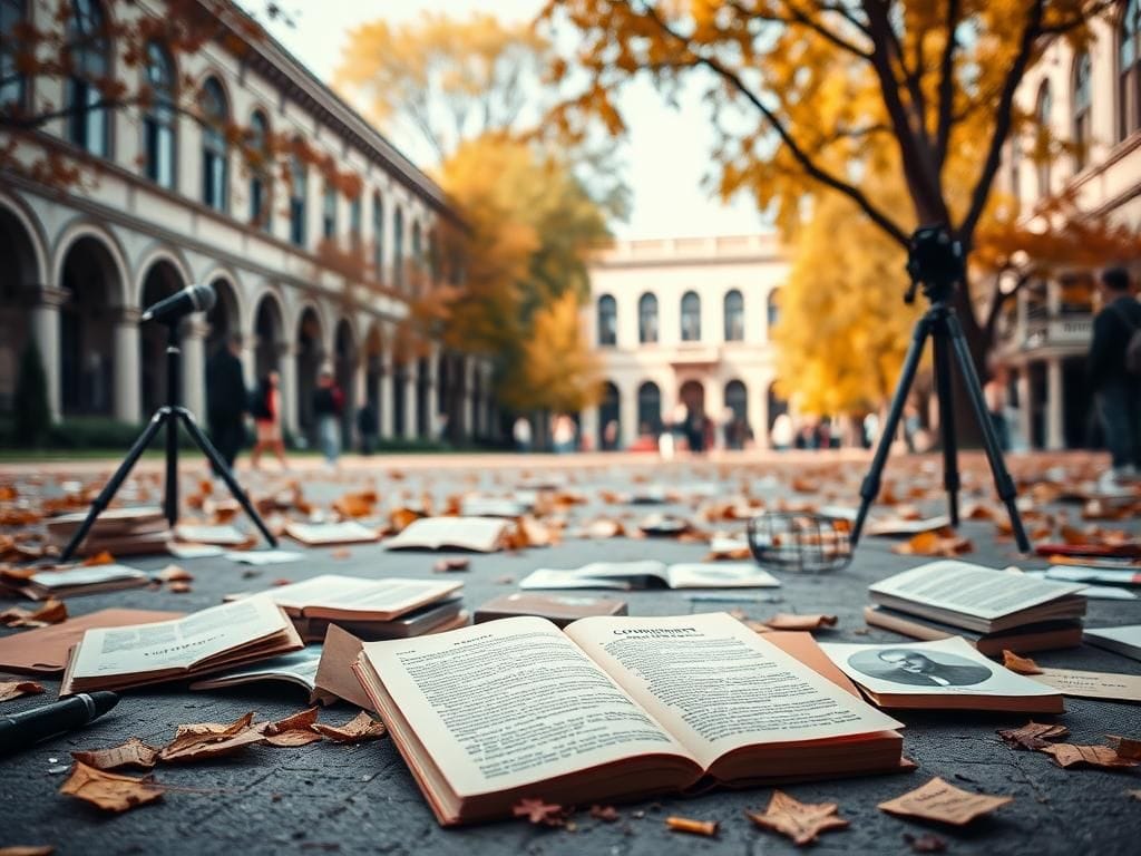 Flick International A dynamic UCLA campus scene with political debate elements, featuring an open 'Communist Manifesto' on the ground