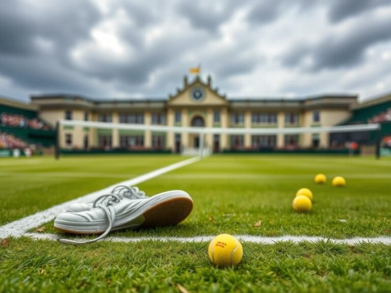 Flick International Abandoned tennis shoes on a vibrant green court at Wimbledon with scattered tennis balls