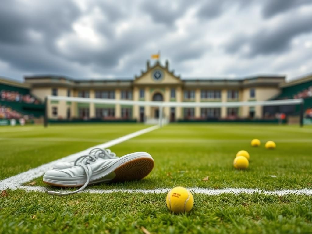 Flick International Abandoned tennis shoes on a vibrant green court at Wimbledon with scattered tennis balls