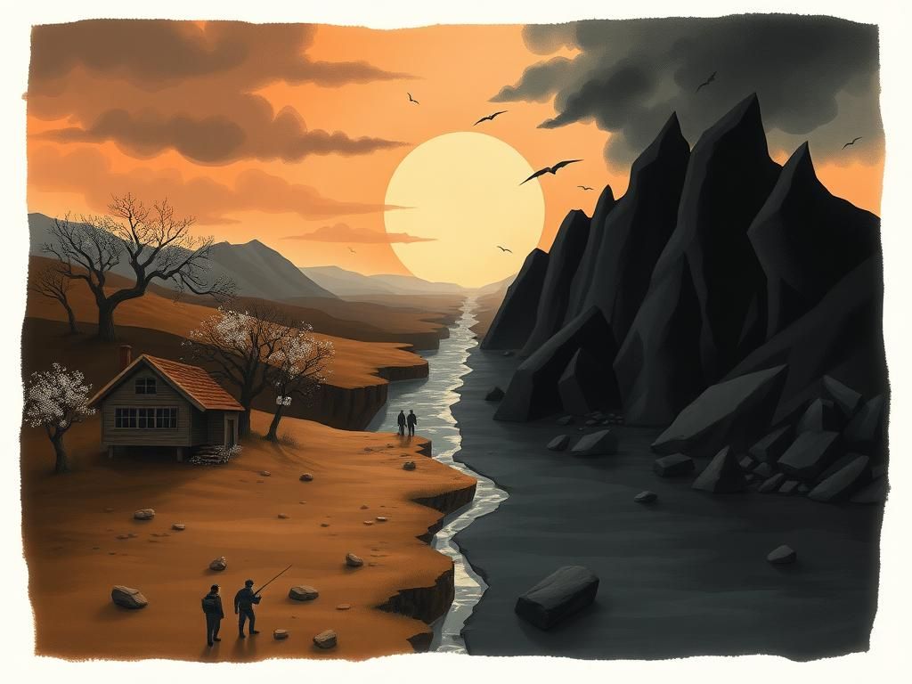 Flick International Abstract illustration depicting a split landscape representing traditional values and extremism