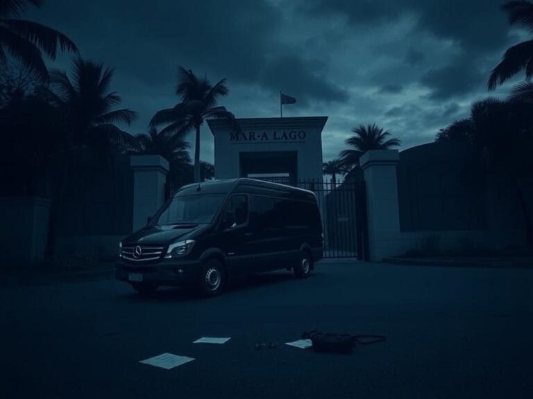 Flick International Ominous security gate at Mar-a-Lago surrounded by palm trees
