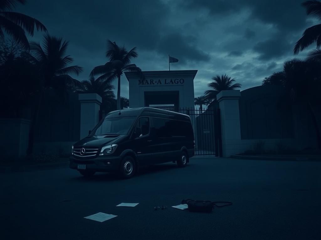 Flick International Ominous security gate at Mar-a-Lago surrounded by palm trees