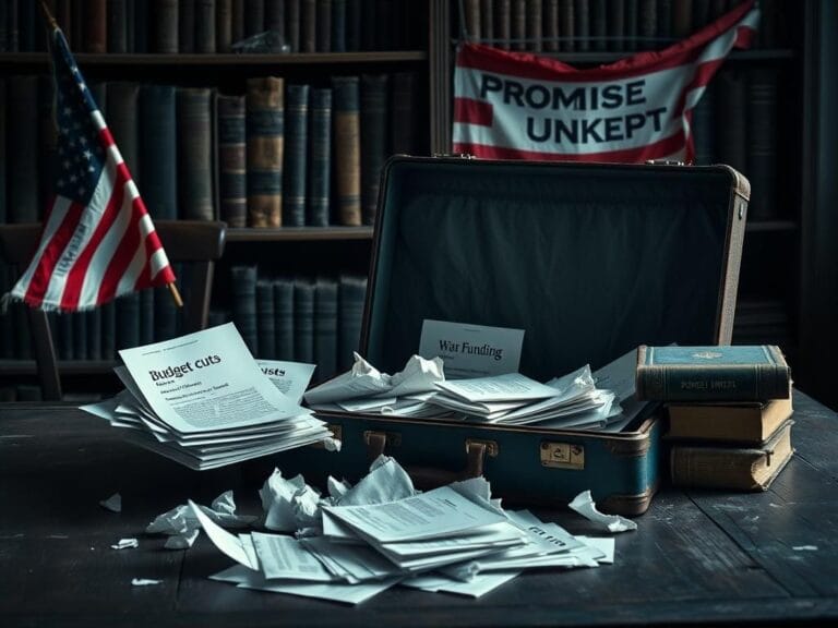 Flick International Vintage briefcase on a wooden table filled with political documents and a torn American flag