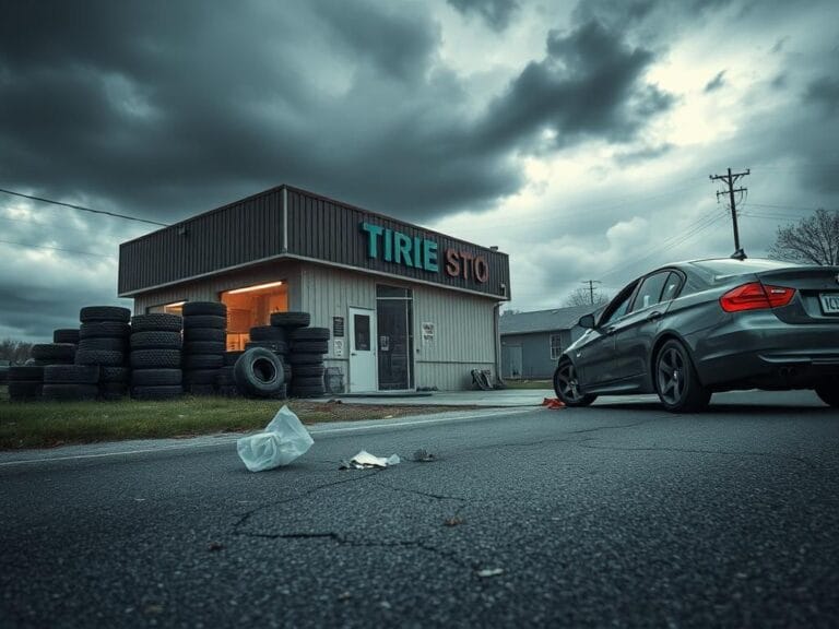 Flick International A damaged ICE vehicle parked outside a suburban tire shop