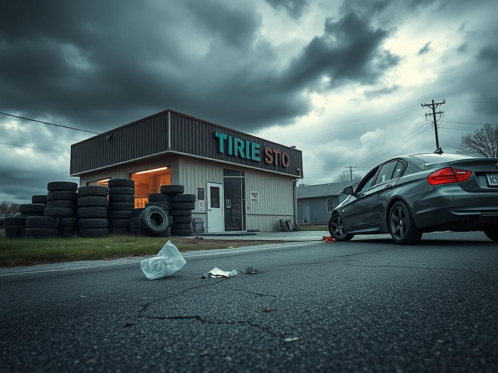 Flick International A damaged ICE vehicle parked outside a suburban tire shop