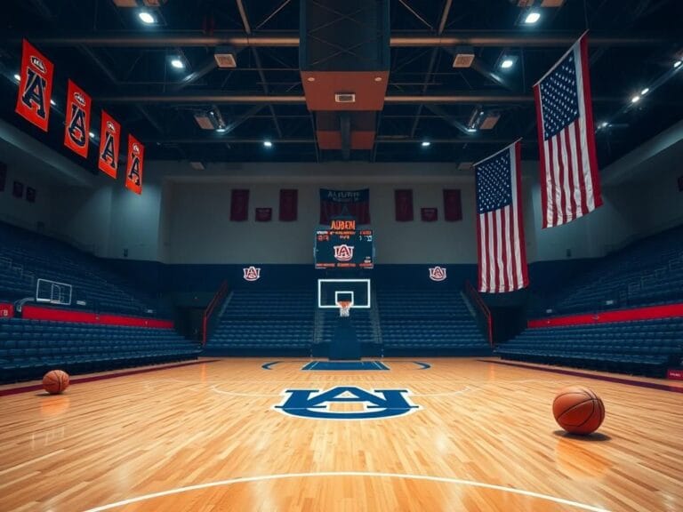 Flick International Vibrant indoor basketball court with Auburn Tigers colors and logo