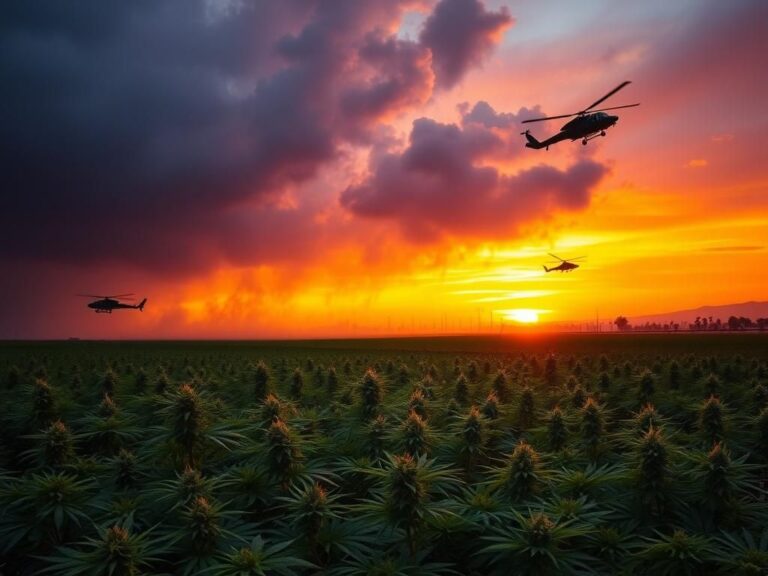 Flick International Wide shot of a California cannabis farm during sunset, with military helicopters overhead and smoke rising from tear gas.