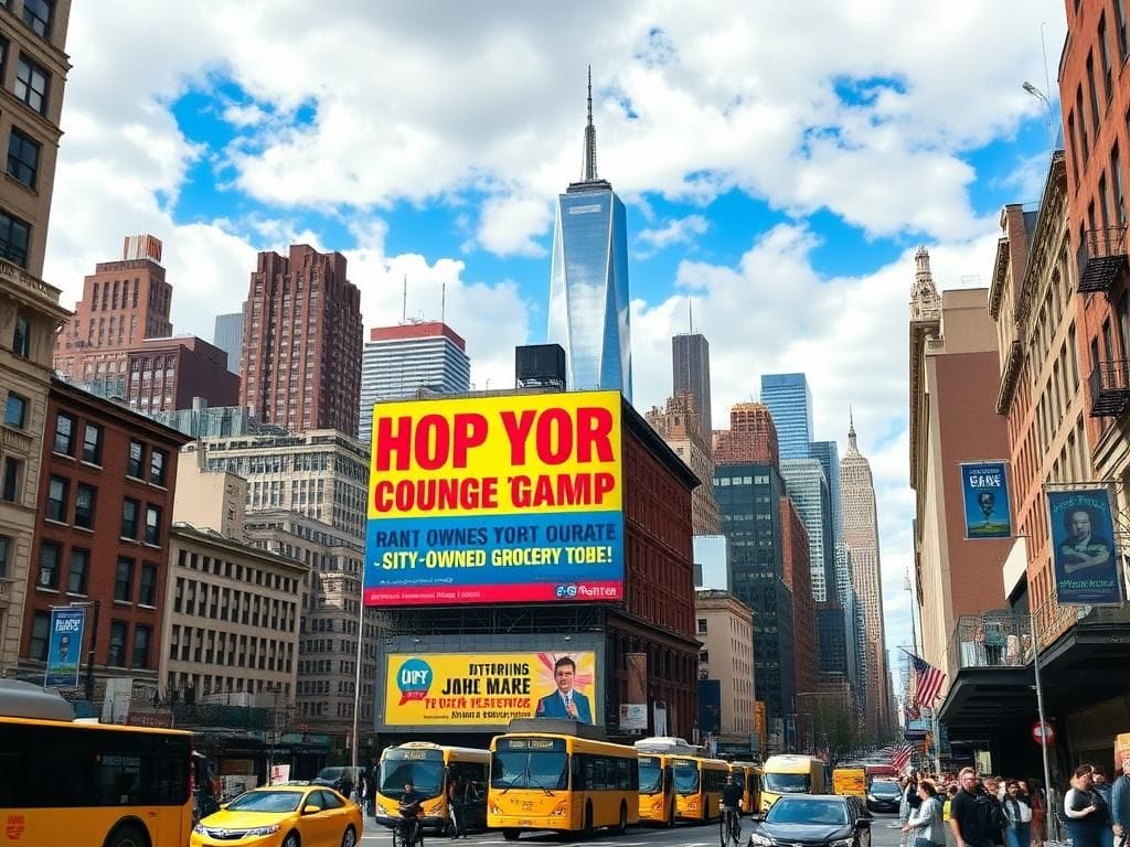 Flick International Bustling New York City urban landscape featuring a campaign billboard for socialist policies