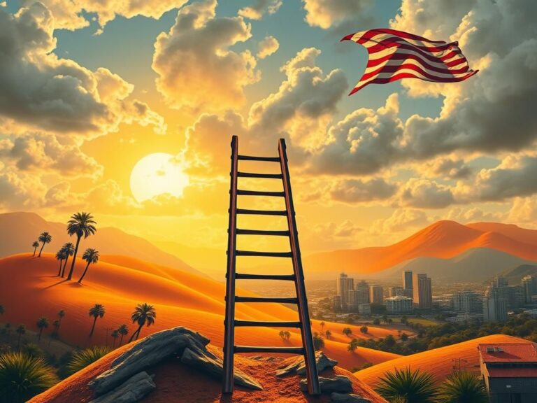 Flick International A dynamic California landscape featuring rolling hills, palm trees, and a crumbling ladder symbolizing the struggles of the working class