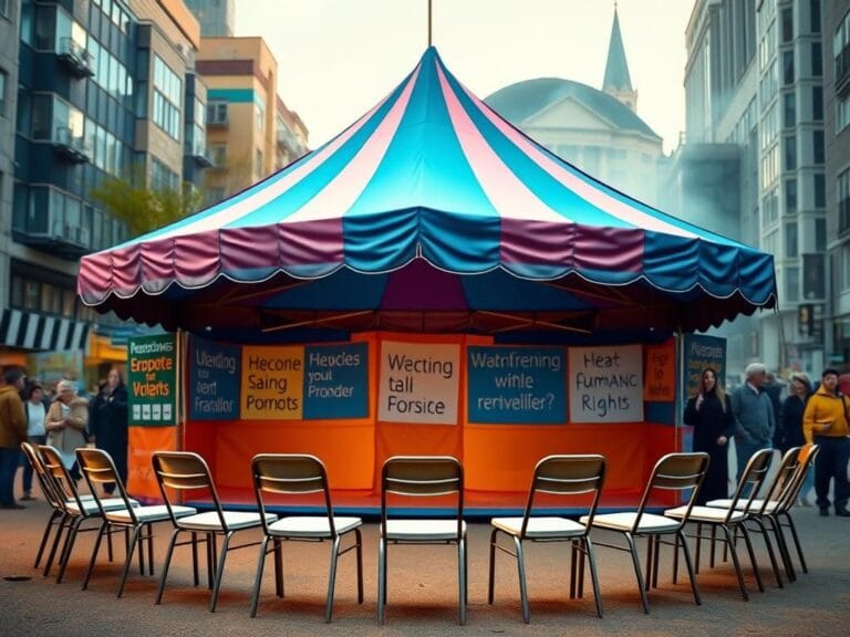 Flick International A vibrant large tent symbolizing inclusivity and political discourse in an urban environment