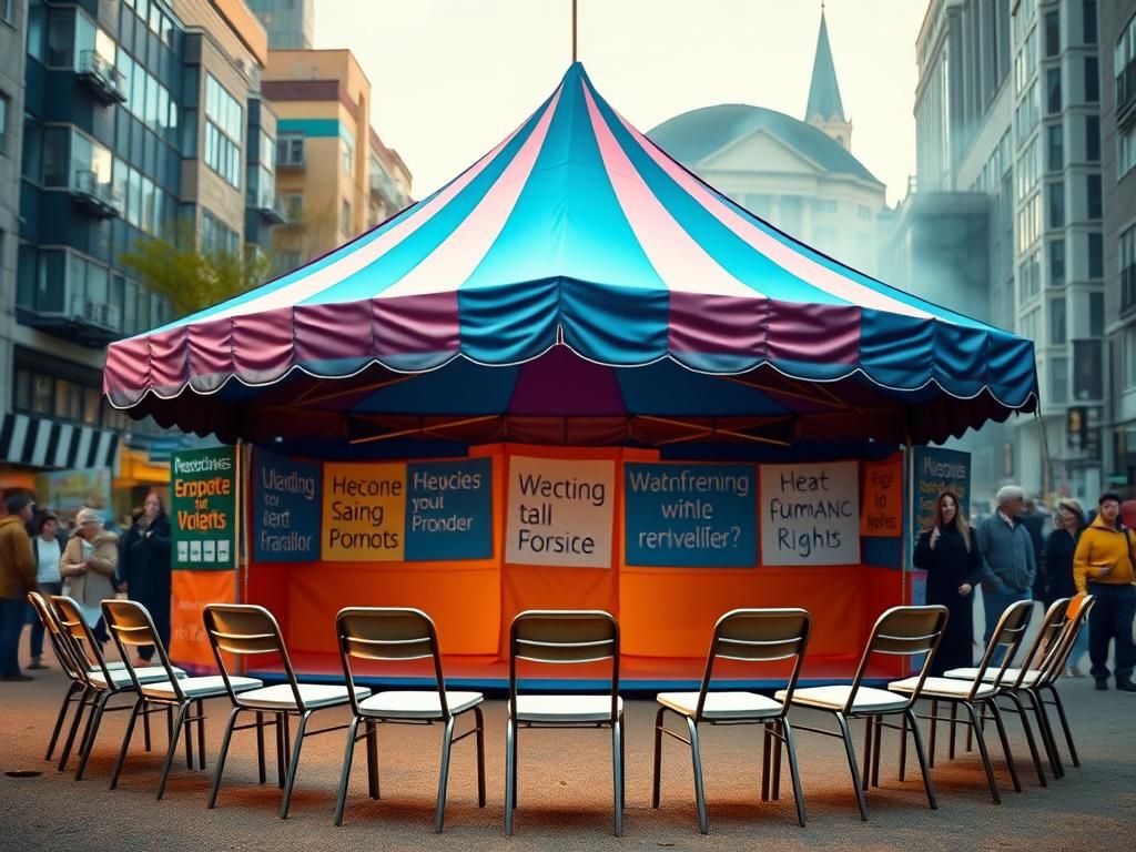 Flick International A vibrant large tent symbolizing inclusivity and political discourse in an urban environment