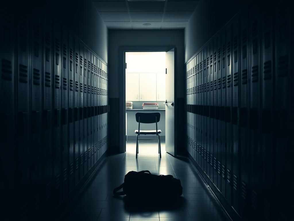 Flick International Dimly lit school hallway with lockers and an open classroom door