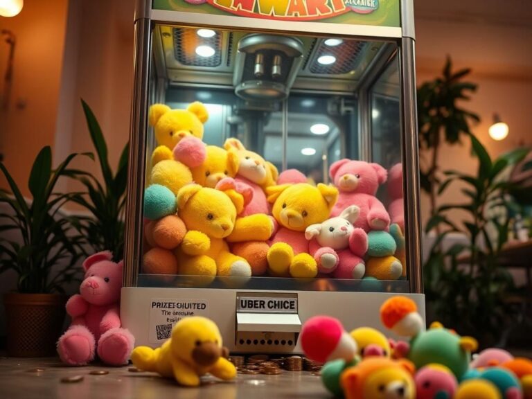 Flick International Ohio boy inside claw machine filled with colorful plush toys