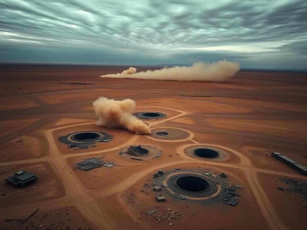 Flick International Aerial view of the aftermath of a military operation in a desolate desert landscape