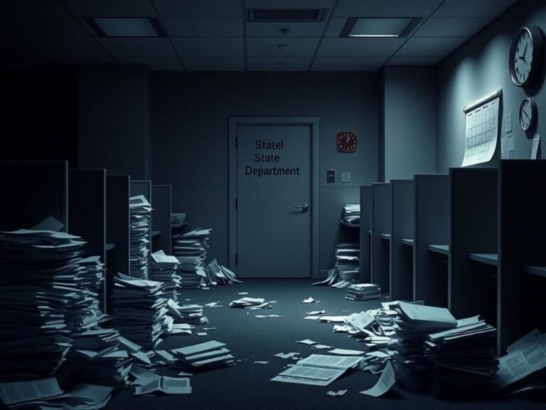 Flick International Empty State Department office space with scattered documents indicating upcoming layoffs