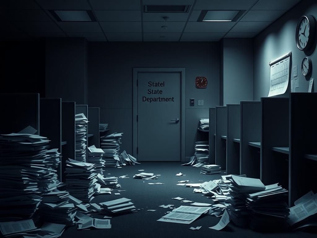 Flick International Empty State Department office space with scattered documents indicating upcoming layoffs