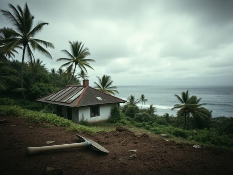 Flick International A dilapidated oceanfront house in a remote village in Maui, Hawaii, surrounded by dense foliage, symbolizing past struggles.