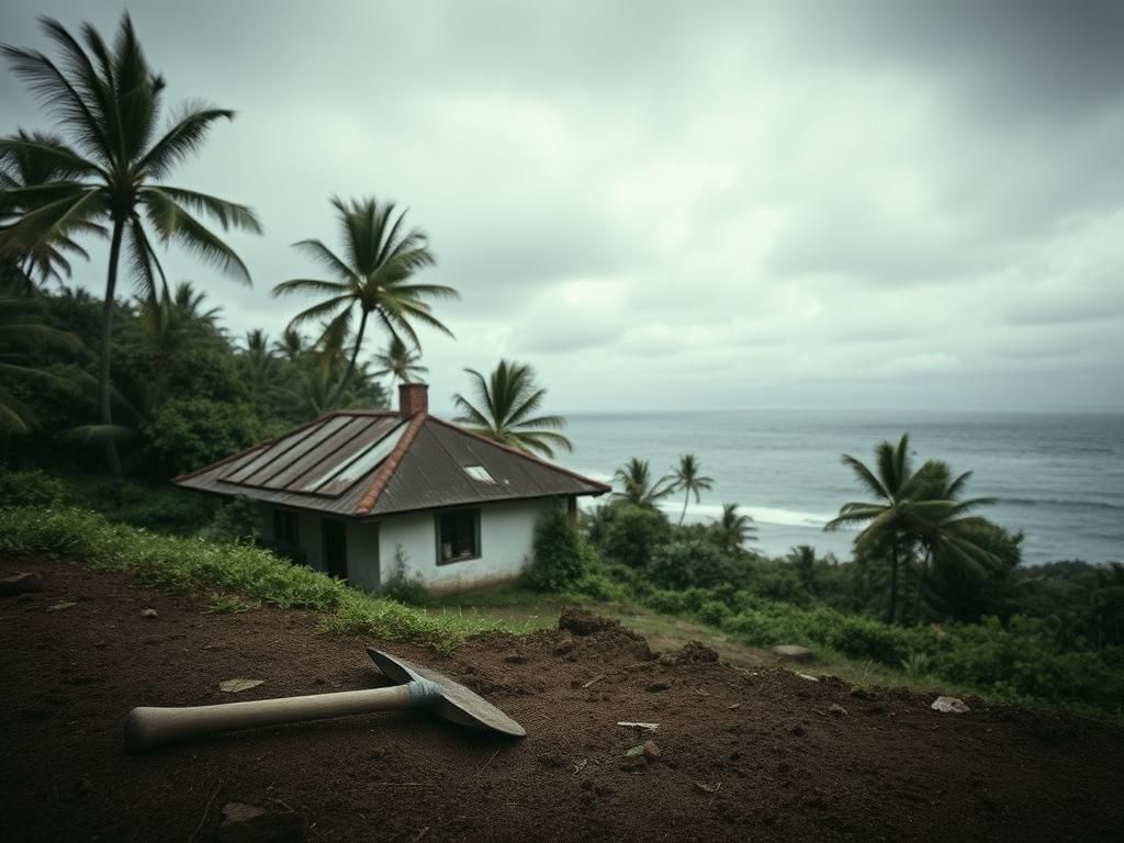 Flick International A dilapidated oceanfront house in a remote village in Maui, Hawaii, surrounded by dense foliage, symbolizing past struggles.
