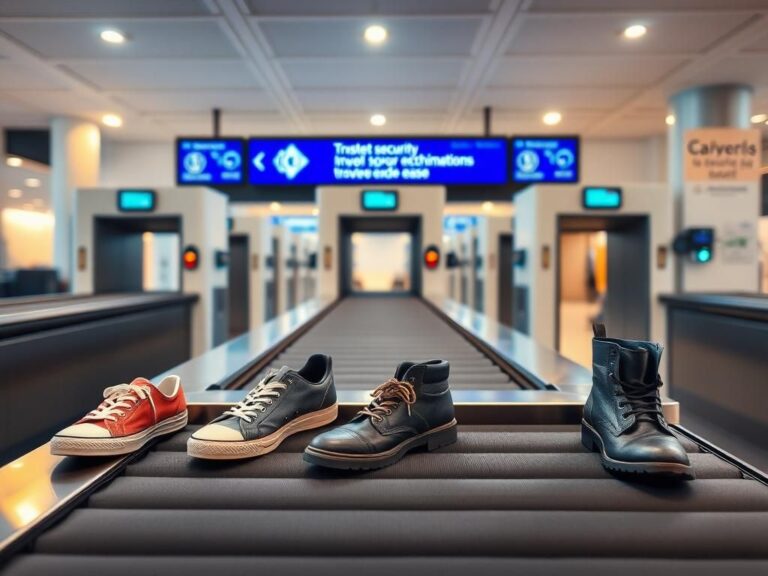 Flick International Modern airport security checkpoint featuring millimeter wave imaging scanners and various shoes on a conveyor belt