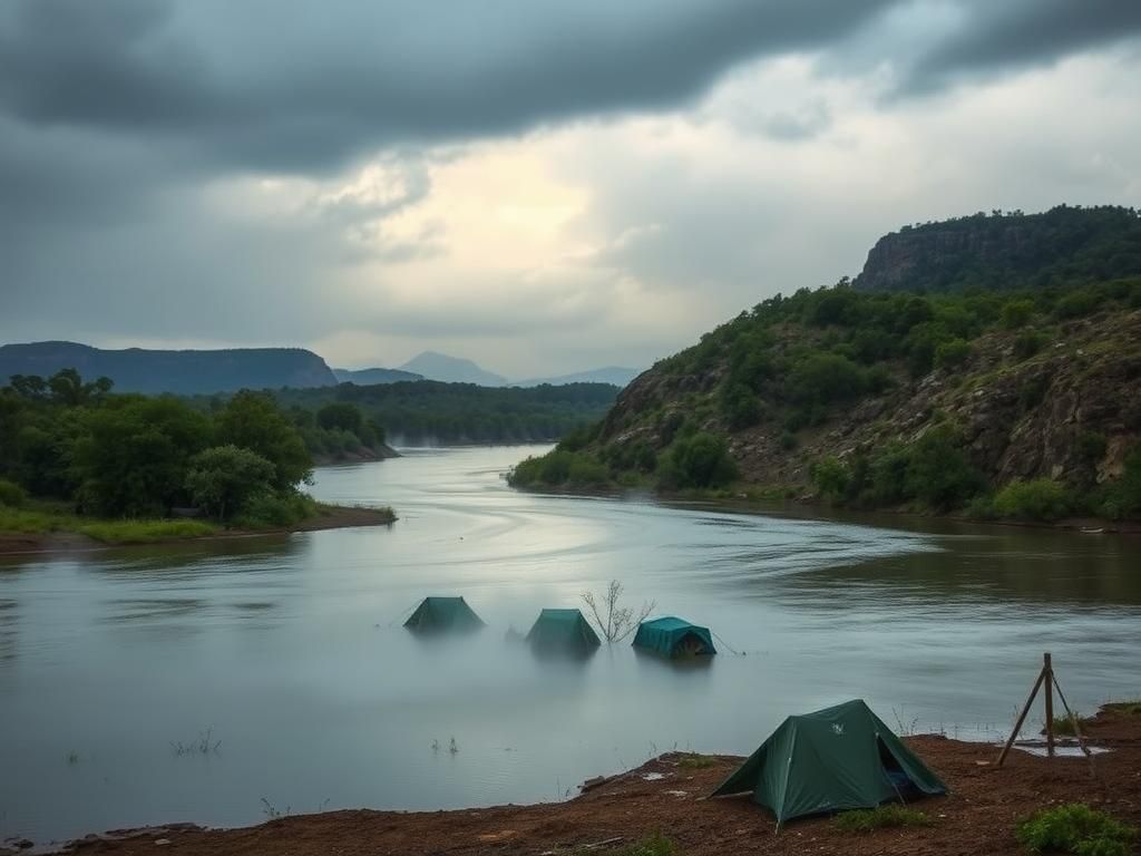 Flick International Serene Texas landscape showing aftermath of floods with overflowing river and submerged campsite