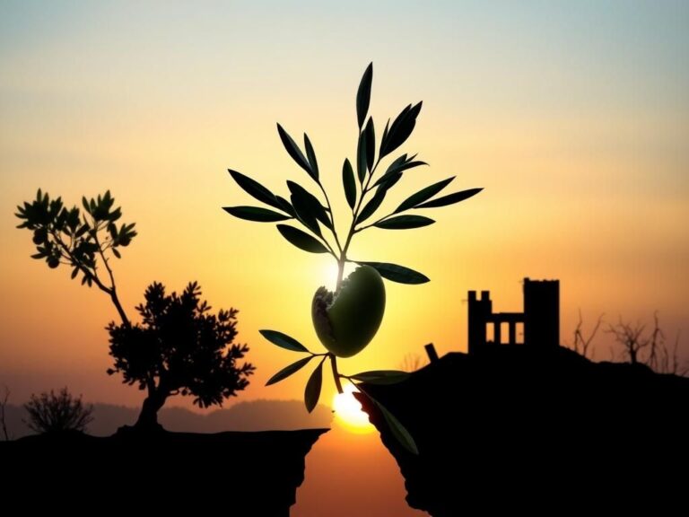 Flick International A shattered olive branch representing peace amidst conflict between Israel and Gaza