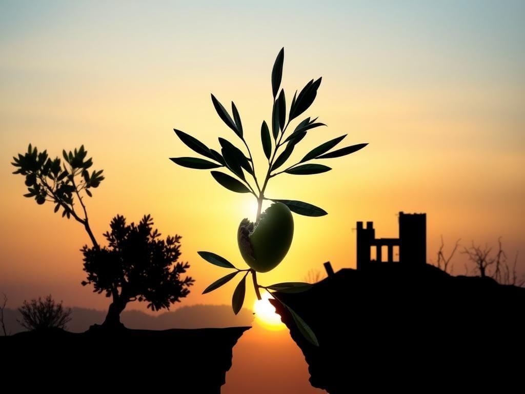 Flick International A shattered olive branch representing peace amidst conflict between Israel and Gaza