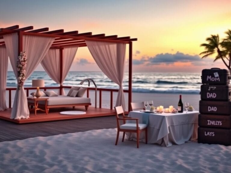 Flick International Tranquil beach scene at sunset with honeymoon suite and family luggage