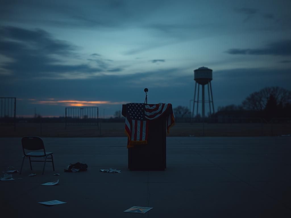 Flick International Empty podium at a political rally site with an American flag, symbolizing a moment of reflection
