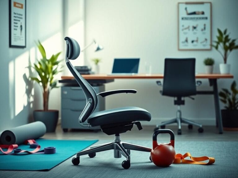 Flick International Modern ergonomic chair in an office setting with fitness items for preventing office chair butt