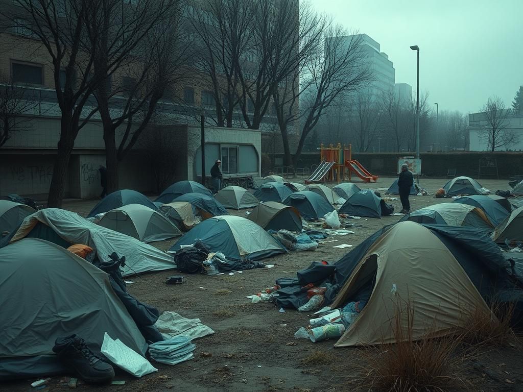 Flick International A somber urban landscape with makeshift homeless encampments in a public park