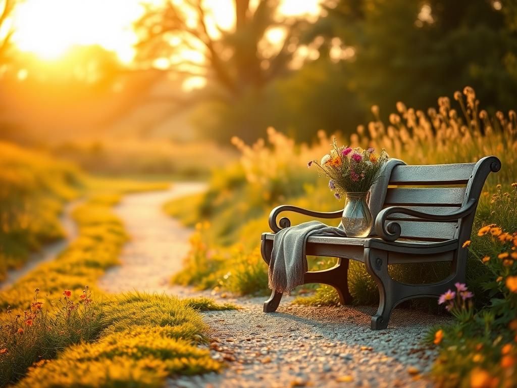 Flick International Serene outdoor setting at sunset with a rustic wooden bench and vibrant wildflowers
