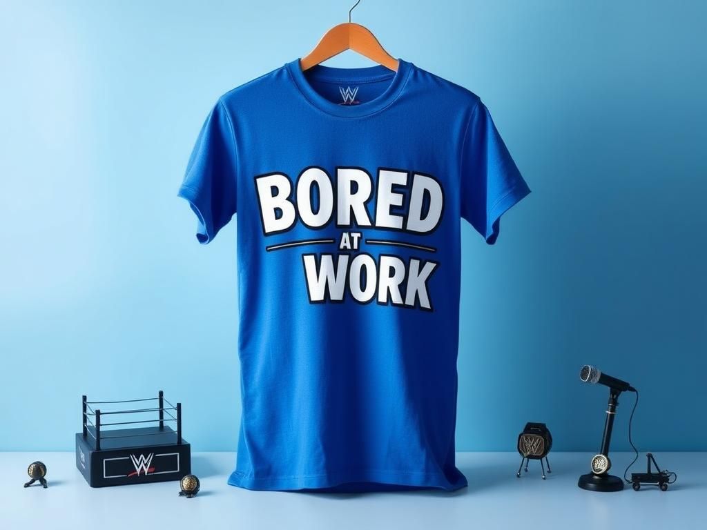 Flick International Stylish T-shirt with 'Bored At Work' text and wrestling-themed elements in the background