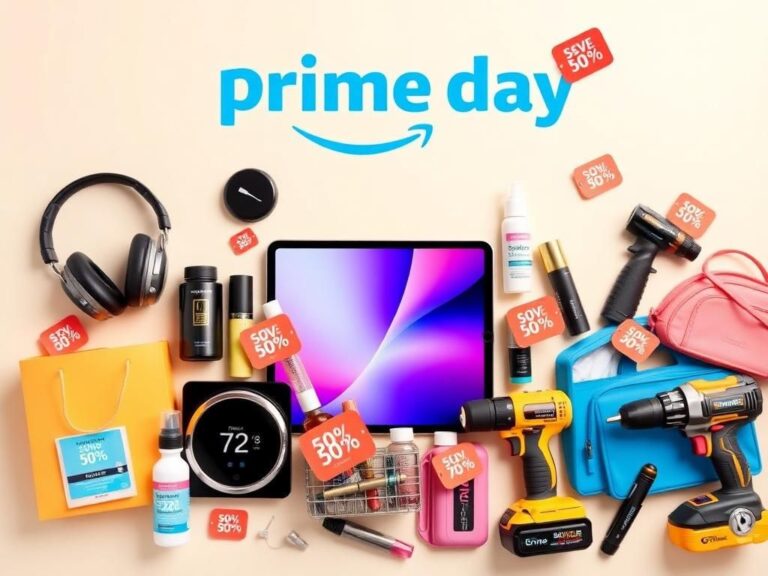 Flick International Vibrant flat lay of discounted tech and beauty products for Amazon Prime Day