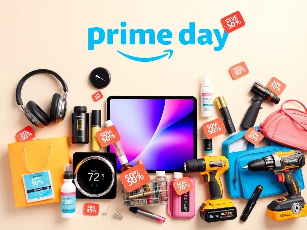 Flick International Vibrant flat lay of discounted tech and beauty products for Amazon Prime Day