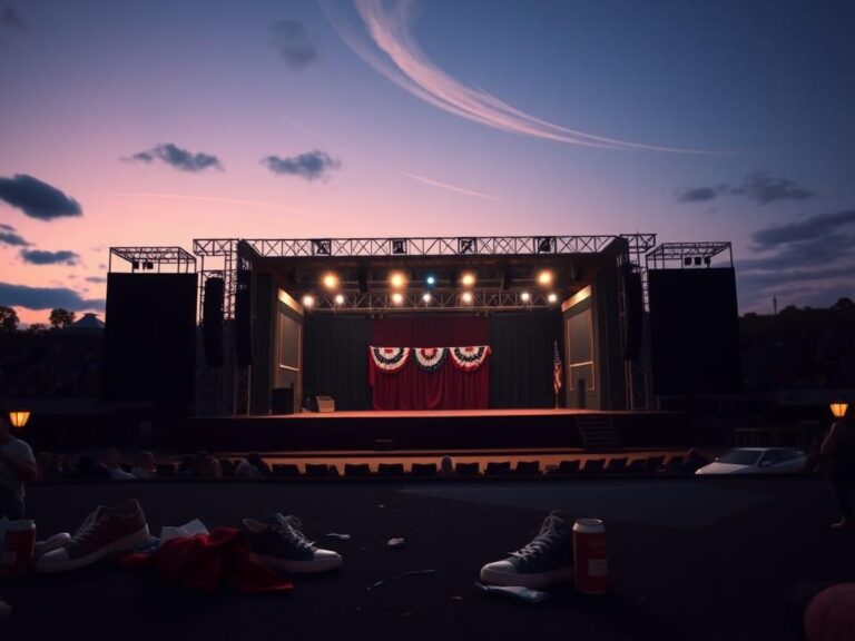 Flick International Empty stage of a rally in Butler, Pennsylvania, with patriotic banners under a twilight sky