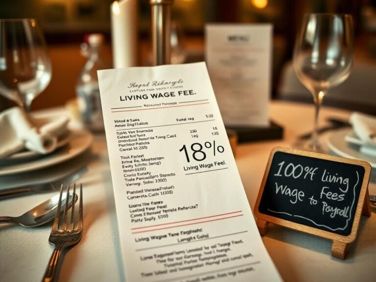 Flick International Close-up of an elegant restaurant table setting showcasing a receipt with an 18% living wage fee