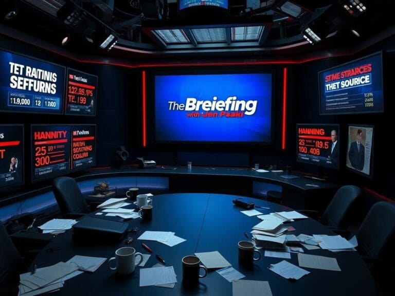 Flick International Dimly lit modern newsroom showcasing competitive TV ratings