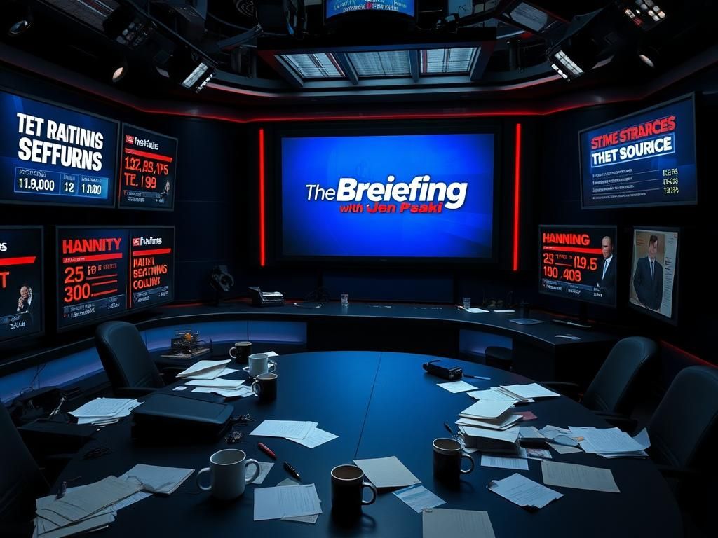 Flick International Dimly lit modern newsroom showcasing competitive TV ratings