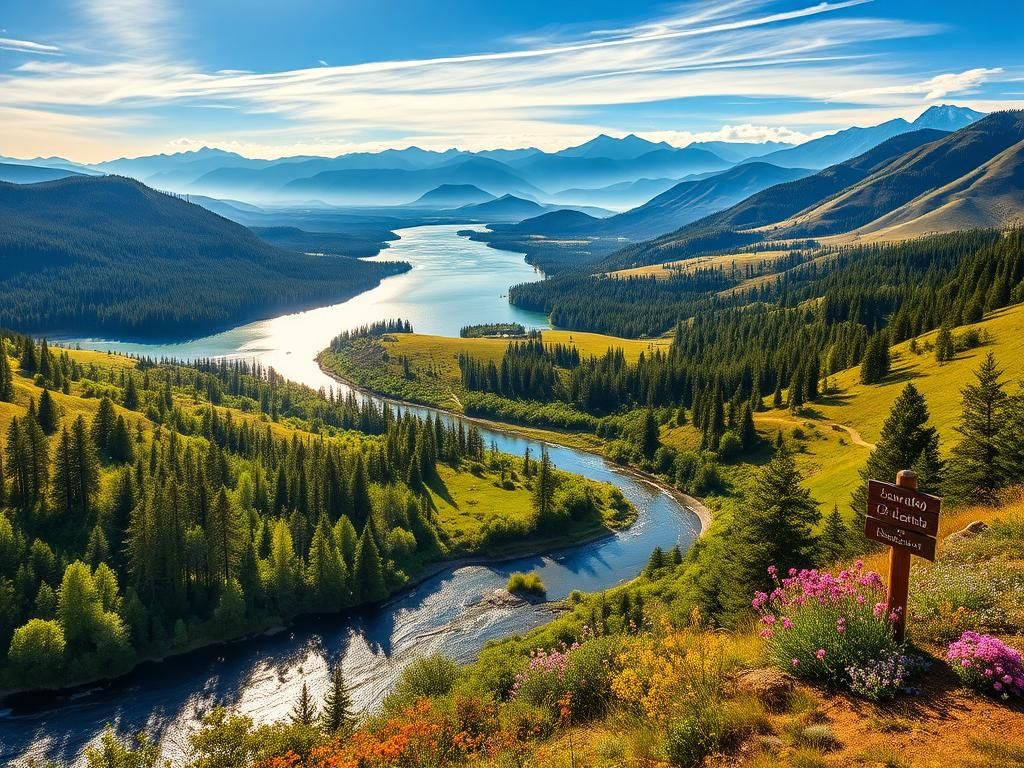 Flick International A breathtaking landscape showcasing America's diverse ecosystems, featuring lush forests, rolling hills, shimmering lakes, and rugged mountains.