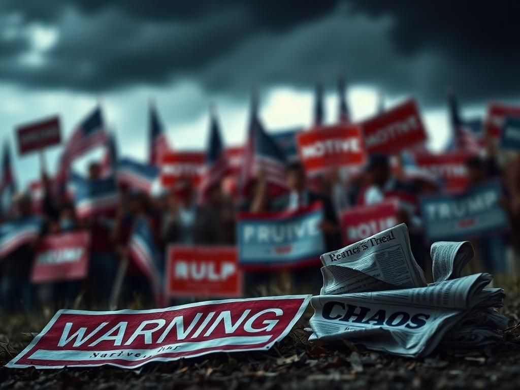Flick International Blurred rally scene with broken warning sign symbolizing political tension